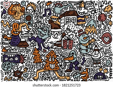Sketchy vector hand drawn Doodle cartoon set of objects and symbols on the Merry Christmas theme
