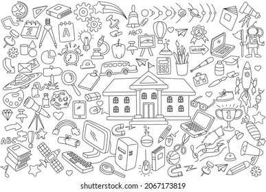 	
Sketchy, von Hand gezeichneter doodle Cartoon-Satz von Objekten und Symbolen der Schule