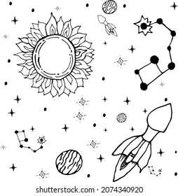 Sketchy vector hand drawn doodle cartoon set of space objects and symbols, sun, constellation, planets, spaceships, stars. 