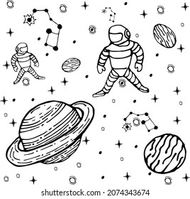 Sketchy vector hand drawn doodle cartoon set of space objects and symbols, astronauts, planets, constellations, stars. 