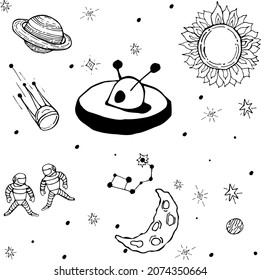 Sketchy vector hand drawn doodle cartoon set of space objects and symbols, astronauts, planets, sun, moon, alien ship, stars. 