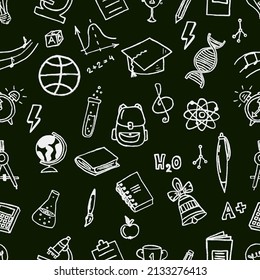 Sketchy vector hand drawn doodle cartoon set of school objects and symbols. Seamless pattern