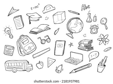 Sketchy vector hand drawn doodle cartoon set of School objects and symbols