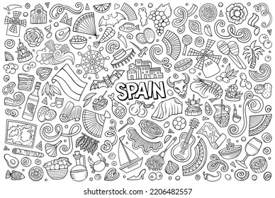 Sketchy vector hand drawn doodle cartoon set of Spain theme items, objects and symbols