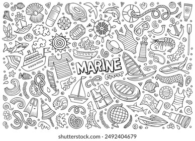 Sketchy vector hand drawn doodle cartoon set of Marine theme items, objects and symbols