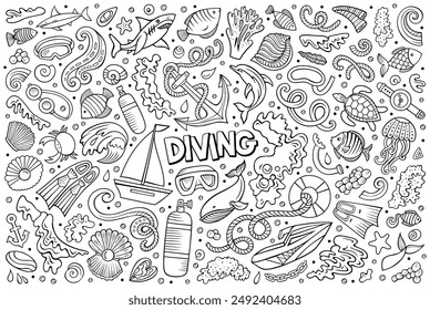 Sketchy vector hand drawn doodle cartoon set of Diving theme items, objects and symbols