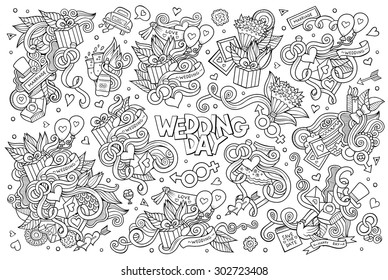 Sketchy vector hand drawn Doodle cartoon set of objects and symbols on the wedding theme