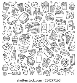 Sketchy vector hand drawn Doodle cartoon set of objects and symbols on the fast food theme