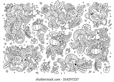 Sketchy vector hand drawn Doodle cartoon set of objects and symbols on the Thanksgiving autumn theme