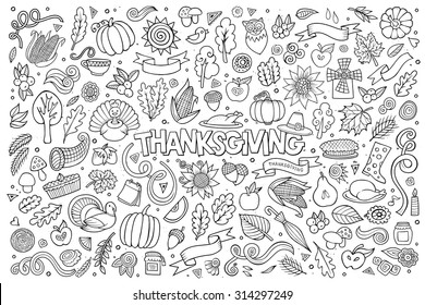 Sketchy vector hand drawn Doodle cartoon set of objects and symbols on the Thanksgiving autumn theme