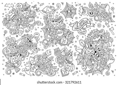 Sketchy vector hand drawn Doodle cartoon set of objects and symbols on the Halloween theme