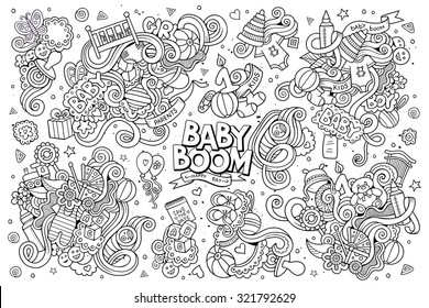 Sketchy vector hand drawn Doodle cartoon set of objects and symbols on the baby theme
