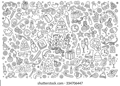 Sketchy vector hand drawn Doodle cartoon set of objects and symbols on the New Year theme