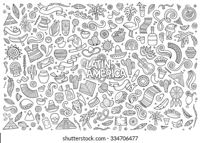 Sketchy vector hand drawn Doodle cartoon set of objects and symbols on the Latin America theme