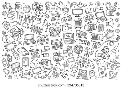 Sketchy vector hand drawn Doodle cartoon set of equipment and devices objects and symbols