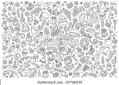 Sketchy vector hand drawn Doodle cartoon set of objects and symbols on the Merry Christmas theme