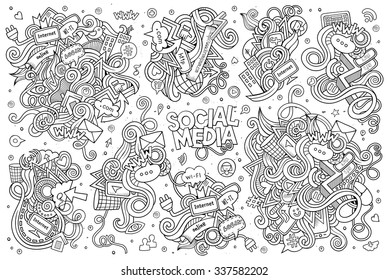 Sketchy vector hand drawn Doodle cartoon set of objects and symbols on the Social Media theme