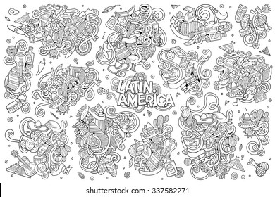 Sketchy vector hand drawn Doodle cartoon set of objects and symbols on the Latin America theme