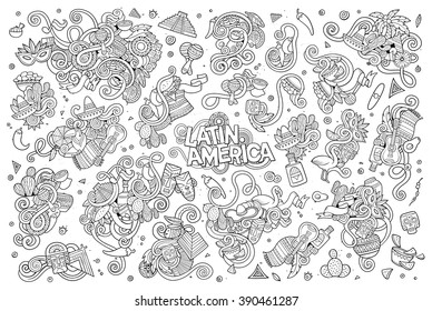 Sketchy vector hand drawn Doodle cartoon set of objects and symbols on the Latin America theme