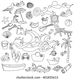 Sketchy vector hand drawn Doodle cartoon set of objects and symbols on the Summer beach.