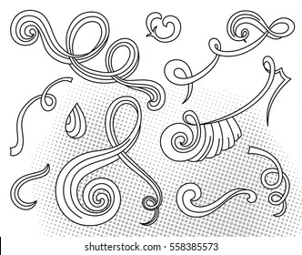 Sketchy Vector Hand Drawn Doodle Cartoon Set Of Curls And Swirls Decorative Elements With Halftone Background.