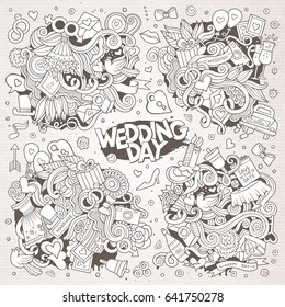 Sketchy vector hand drawn Doodle cartoon set of objects and symbols on the wedding theme