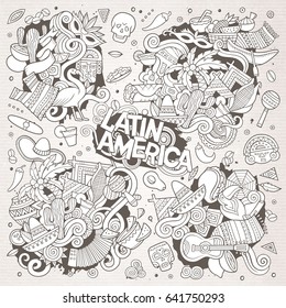 Sketchy vector hand drawn Doodle cartoon set of objects and symbols on the Latin America theme