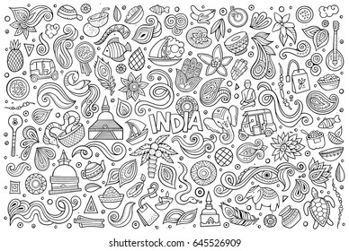 Sketchy vector hand drawn doodle cartoon set of Indian objects and symbols