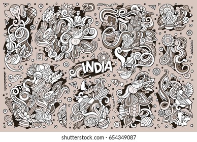 Sketchy vector hand drawn doodle cartoon set of Indian objects and symbols designs