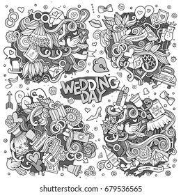 Sketchy vector hand drawn Doodle cartoon set of objects and symbols on the wedding theme