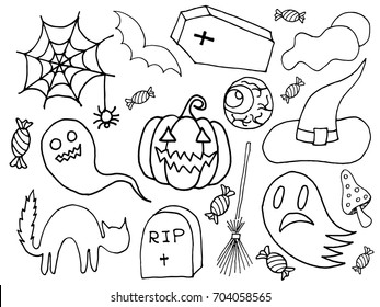 Sketchy vector hand drawn Doodle cartoon set of objects and symbols on the Halloween theme