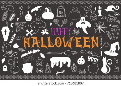 Sketchy vector hand drawn Doodle cartoon set of objects and symbols on the Halloween theme, Holiday design elements  witch hat, cauldron, cat, Ghost, magic wand, spiders and spider web, broom, pumpkin