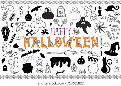 Sketchy vector hand drawn Doodle cartoon set of objects and symbols on the Halloween theme, Holiday design elements  witch hat, cauldron, cat, Ghost, magic wand, spiders and spider web, broom, pumpkin