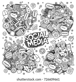 Sketchy vector hand drawn Doodle cartoon set of objects and symbols on the Social Media theme