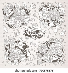 Sketchy vector hand drawn Doodle cartoon set of objects and symbols on the Halloween theme