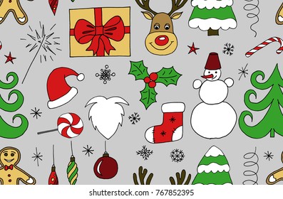 Sketchy vector hand drawn Doodle cartoon set of objects and symbols on the Merry Christmas theme