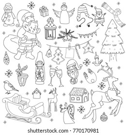 Sketchy vector hand drawn Doodle cartoon set of objects and symbols on the New Year and Christmas theme