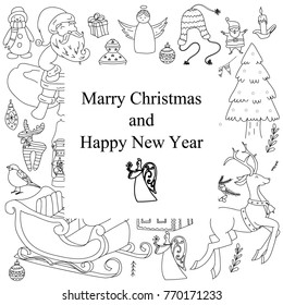 Sketchy vector hand drawn Doodle cartoon set of objects and symbols on the New Year Christmas theme