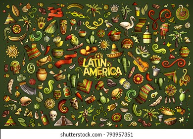 Sketchy vector hand drawn Doodle cartoon set of objects and symbols on the Latin America theme