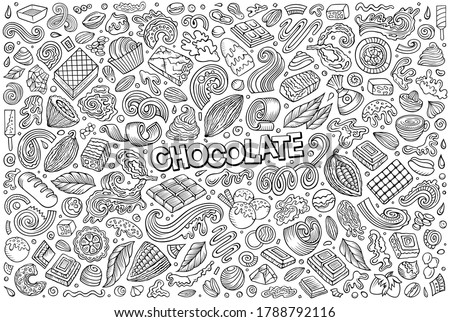 Sketchy vector hand drawn doodle cartoon set of Chocolate theme items, objects and symbols