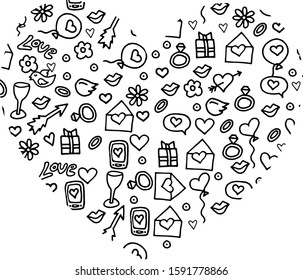 Sketchy vector hand drawn doodles cartoon set of Love and Valentine's Day objects and symbols. heart shapes. perfect background for Valentines day