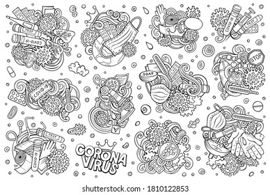 Sketchy vector hand drawn doodles cartoon set of Coronavirus combinations of objects and elements. All items are separate