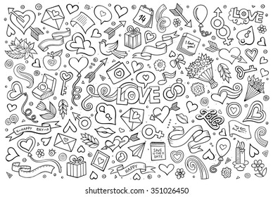 Sketchy vector hand drawn doodles cartoon set of Love and Valentine's Day objects and symbols