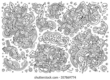Sketchy vector hand drawn doodles cartoon set of Space objects and symbols
