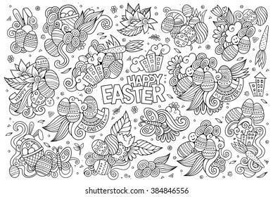 Sketchy vector hand drawn doodles cartoon set of Easter objects and symbols