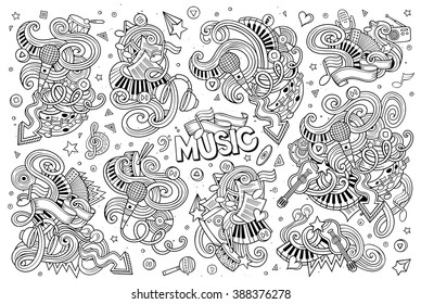 Sketchy vector hand drawn doodles cartoon set of Music objects and symbols