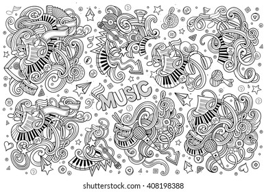Sketchy vector hand drawn doodles cartoon set of Music objects and symbols