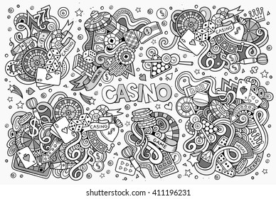 Sketchy vector hand drawn doodles cartoon set of Casino objects and symbols