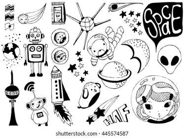 Sketchy vector hand drawn doodles cartoon set of Space objects and symbols on white background. vector illustration. Coloring book space theme.