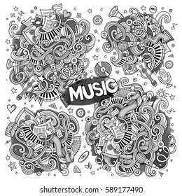 Sketchy vector hand drawn doodles cartoon set of Music objects and symbols